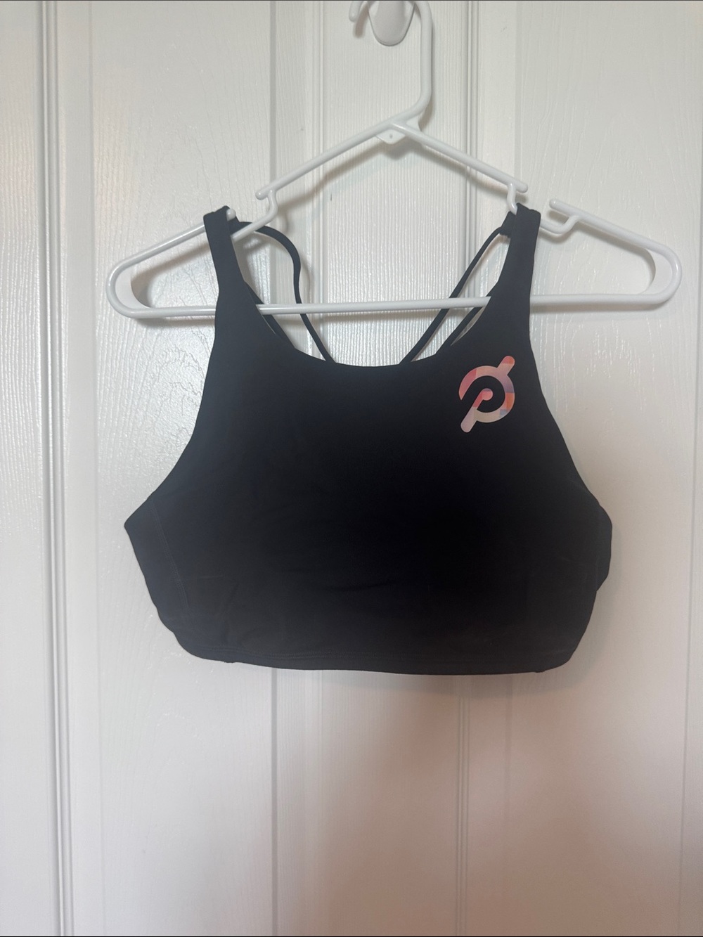 Lululemon Peloton Black High-Neck Sports Bra with Pink Logo Accent